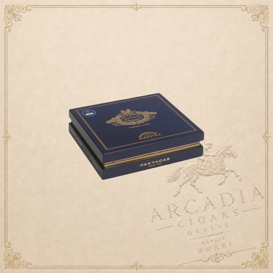 Arcadia Cigars Partagas Linea Maestra Origen cigar box in deep blue with gold embossed branding on a neutral background