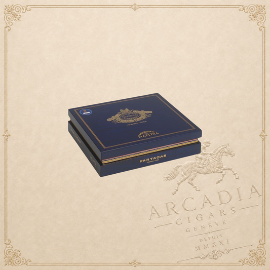 Arcadia Cigars Partagas Linea Maestra Rito cigar box in deep blue with gold embossed branding
