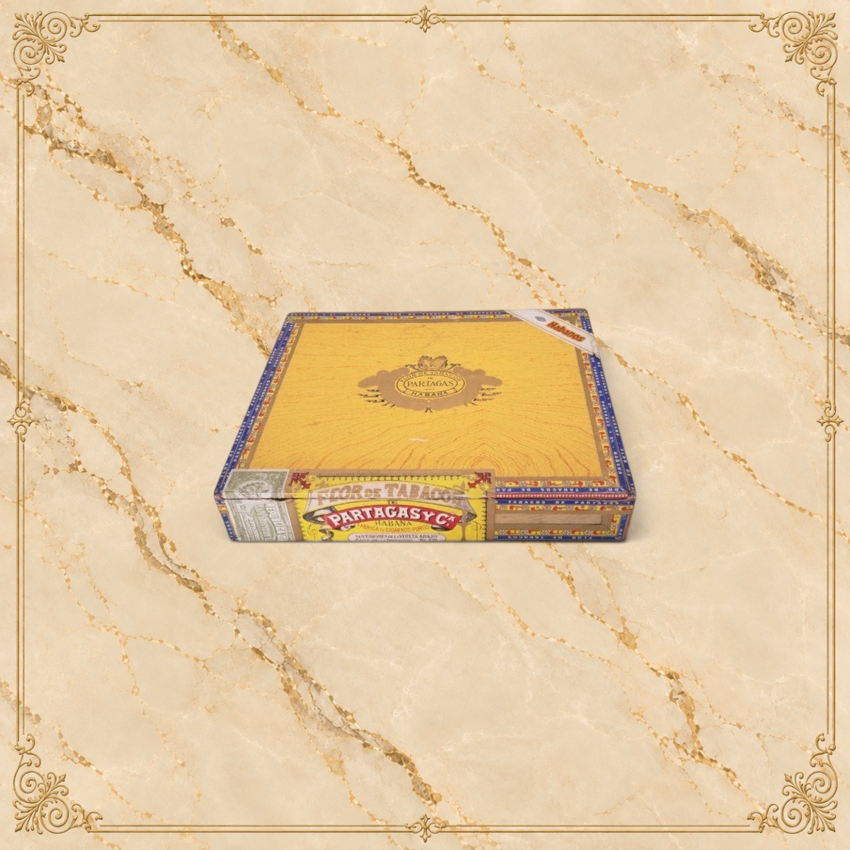 Arcadia Cigars Partagás Lonsdales cigar box with yellow label and traditional Cuban branding on a neutral background