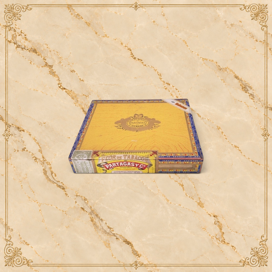 Arcadia Cigars Partagás Lonsdales cigar box with yellow label and traditional Cuban branding on a neutral background