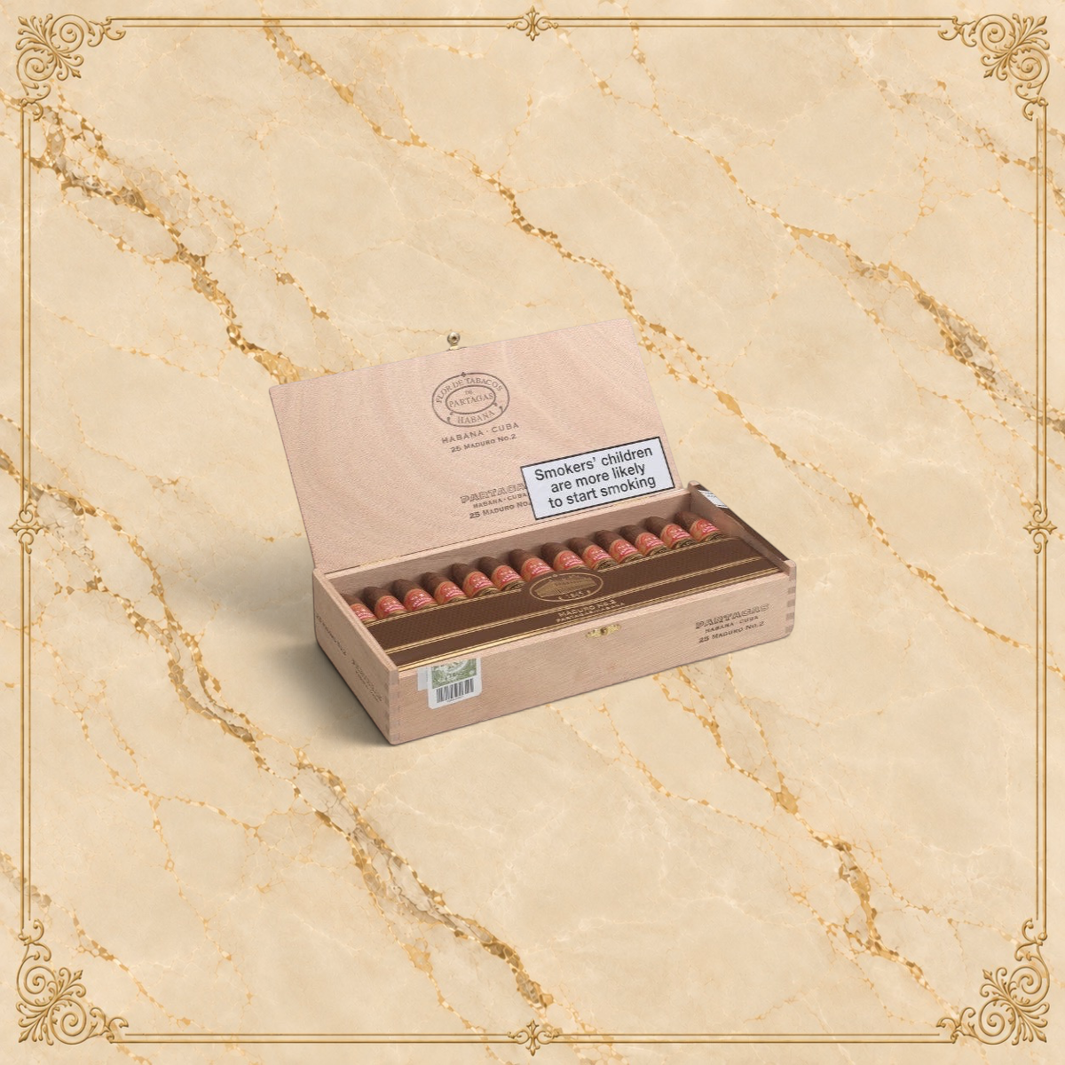Arcadia Cigars box of Partagás Maduro No. 2 Cuban cigars featuring dark maduro wrappers in a short piramides shape.