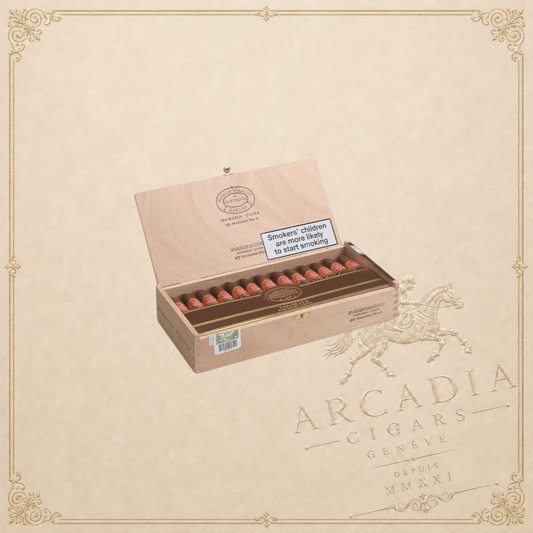 Arcadia Cigars box of Partagás Maduro No. 2 Cuban cigars featuring dark maduro wrappers in a short piramides shape.