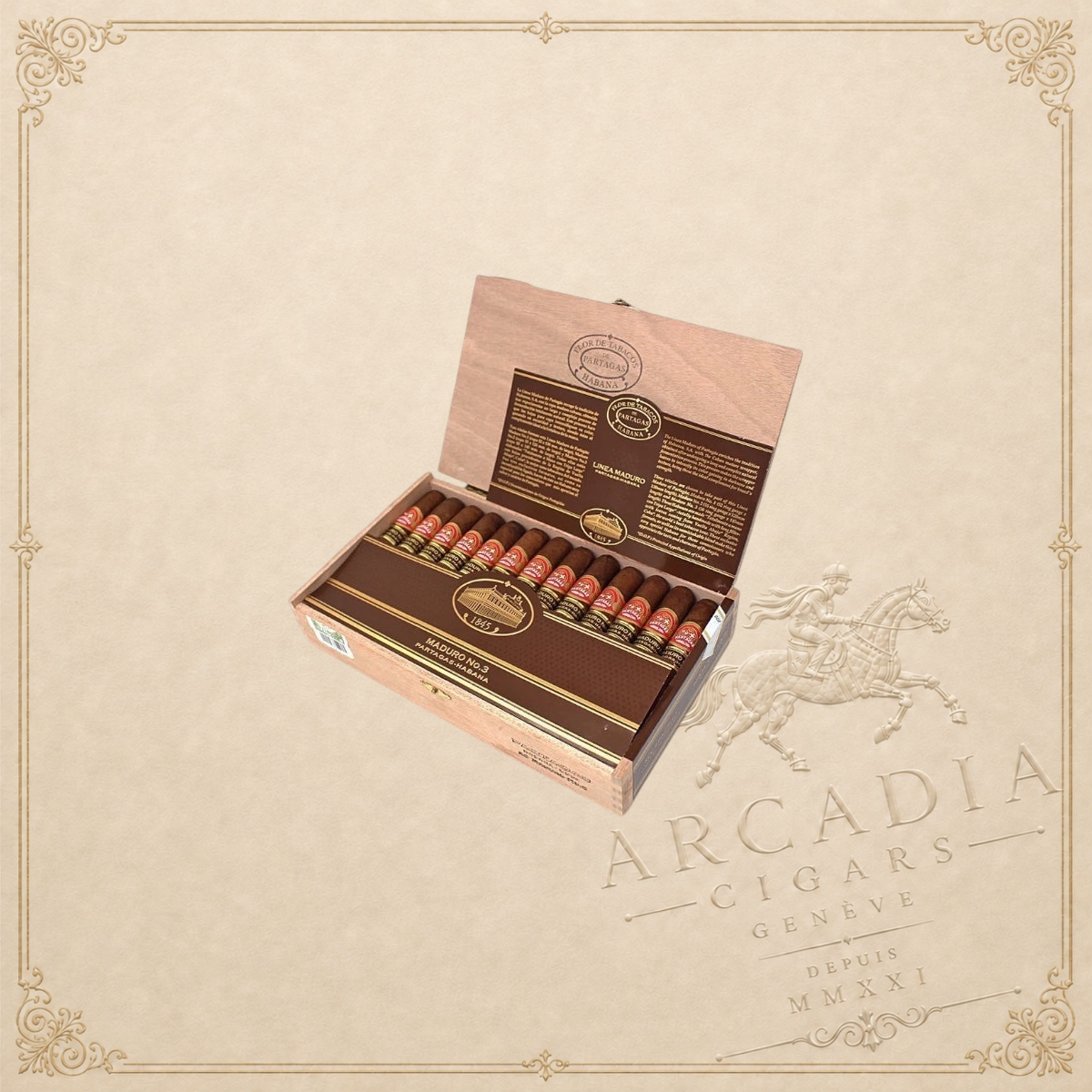 Arcadia Cigars box of Partagás Maduro No. 3 Cuban cigars featuring dark maduro wrappers in a wooden presentation case