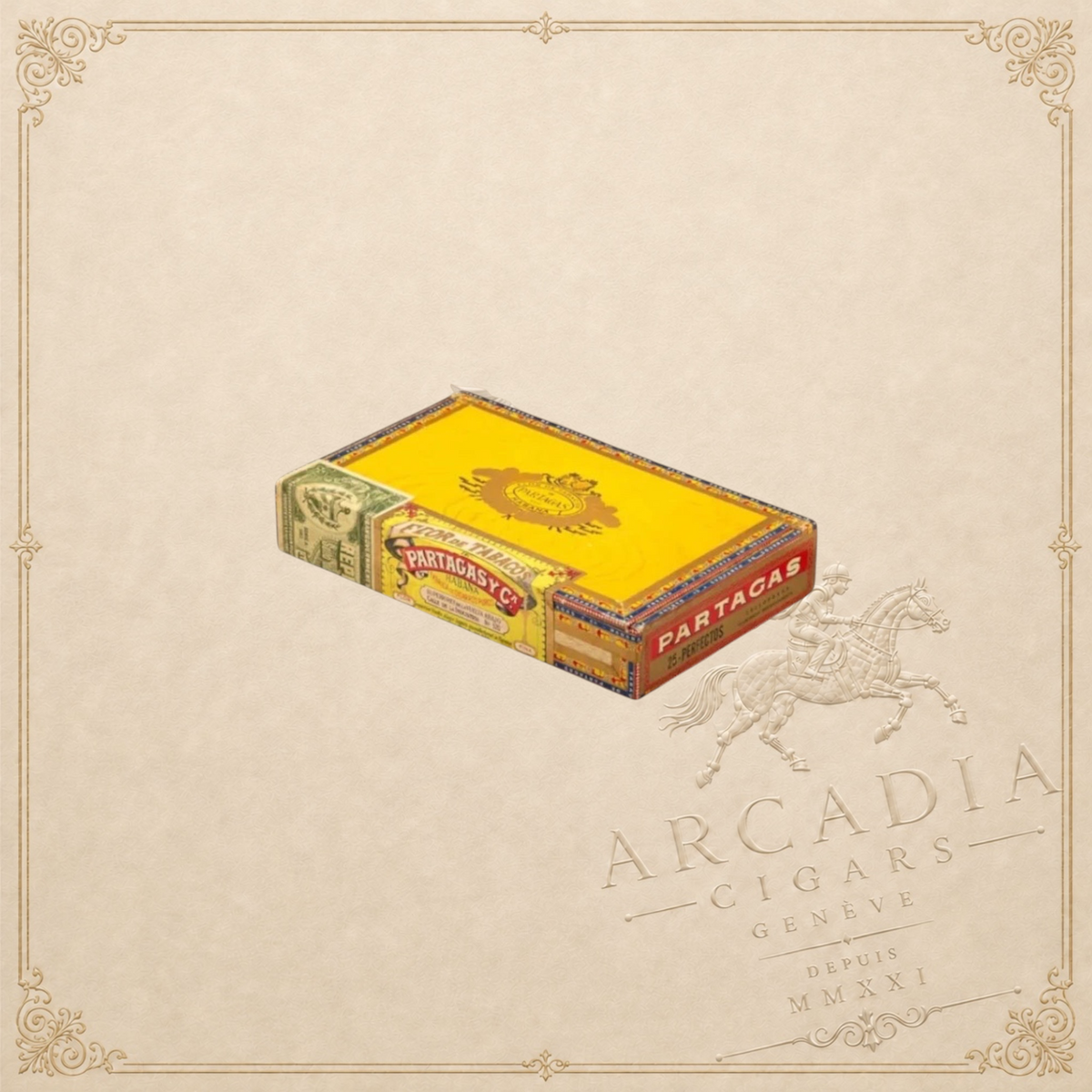 Arcadia Cigars vintage Partagás Perfectos cigar box in yellow and red, featuring classic Cuban branding and cello wrap.