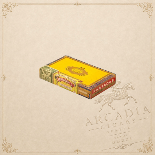 Arcadia Cigars vintage Partagás Perfectos cigar box in yellow and red, featuring classic Cuban branding and cello wrap.