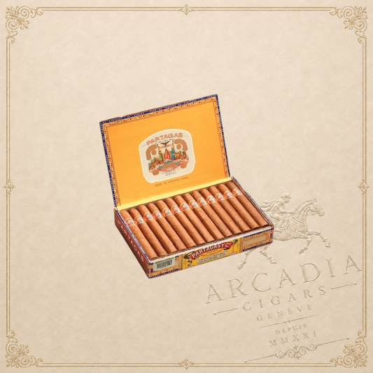 Arcadia Cigars box of Partagas Petit Coronas Especiales handmade Cuban cigars with ornate yellow branding