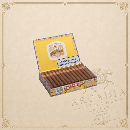 Arcadia Cigars box of Partagás Petit Coronas cigars featuring a classic yellow label and full-bodied tobacco sticks.