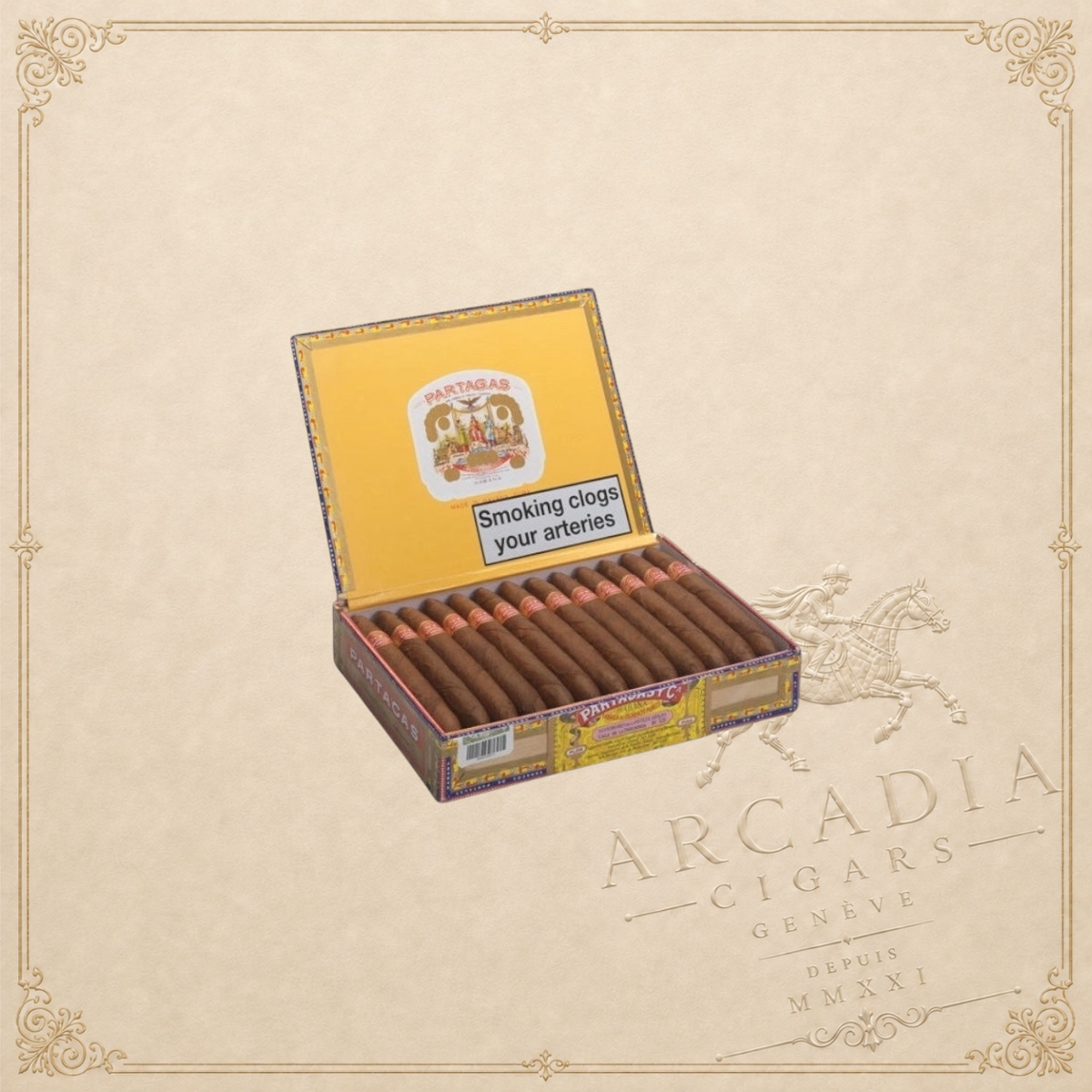 Arcadia Cigars box of Partagás Presidentes double figurado cigars with ornate branding on a light background