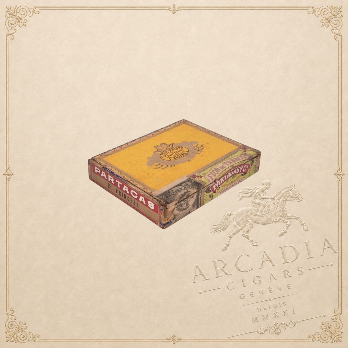 Arcadia Cigars vintage Partagás Princess cigar box featuring classic yellow and red branding on a textured background.