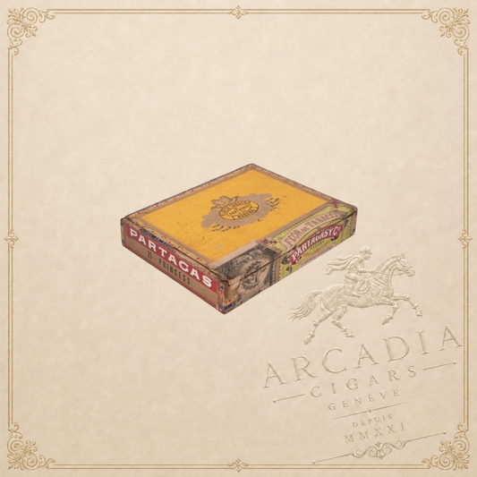Arcadia Cigars vintage Partagás Princess cigar box featuring classic yellow and red branding on a textured background.