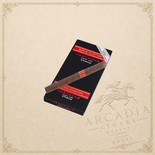 Arcadia Cigars Partagás Puritos cigarillo resting on its black and red branded box against a neutral background.