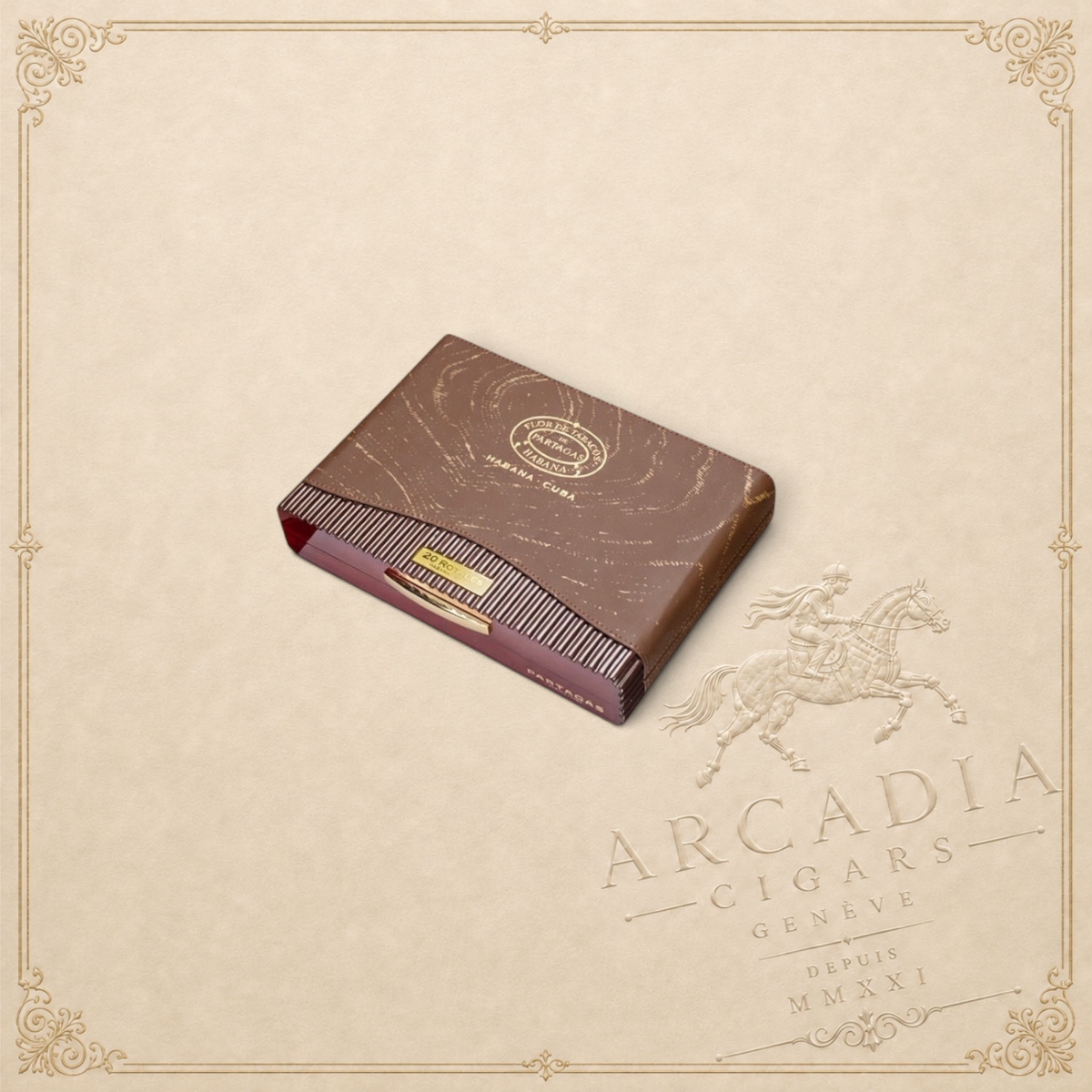 Arcadia Cigars presents the Partagás Royales cigar box, a brown travel retail edition with elegant gold branding.