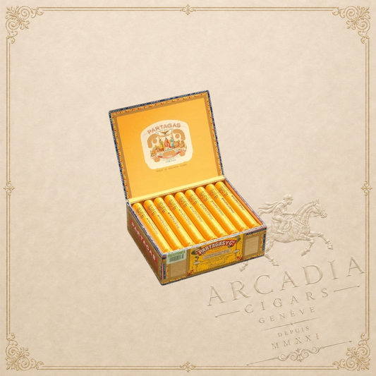 Arcadia Cigars box of Partagás De Luxe Cuban cigars in yellow paper tubes displayed in an open decorative box