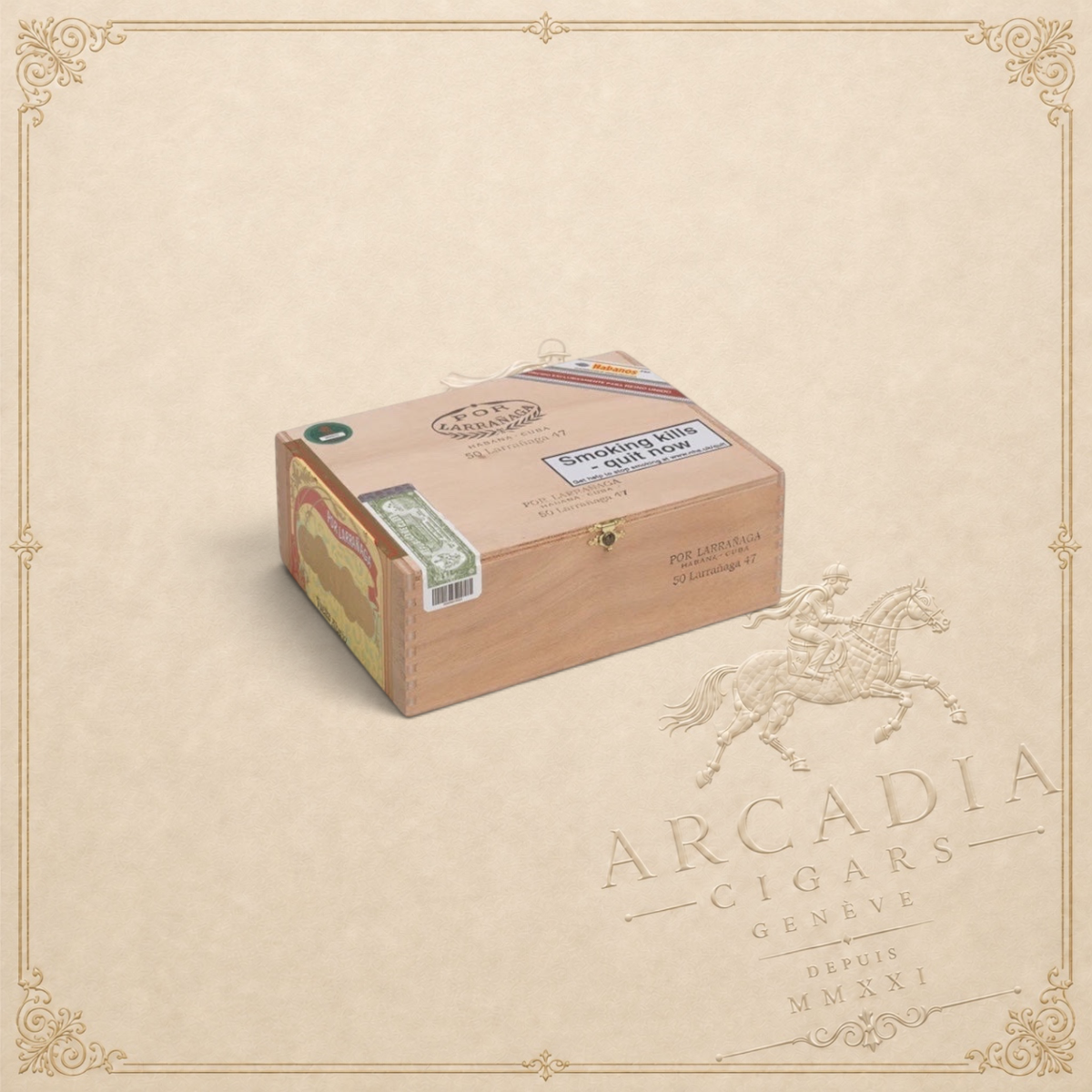 Arcadia Cigars Por Larrañaga 47 UK Regional Edition cigar box in a wooden finish with official branding