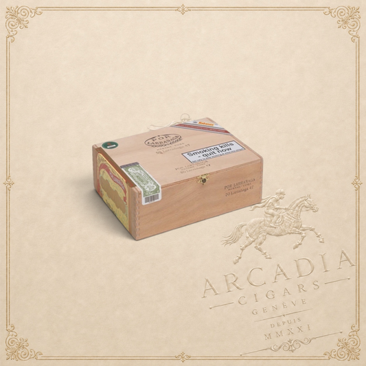 Arcadia Cigars Por Larrañaga 47 UK Regional Edition cigar box in a wooden finish with official branding