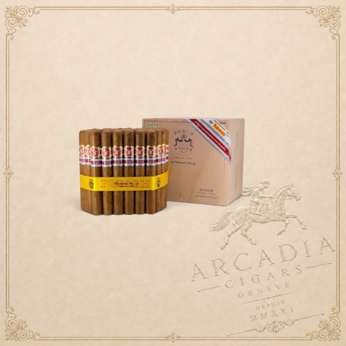 Arcadia Cigars Punch Nectares No. 50 Regional Edition cigars with branded wooden box and yellow paper band