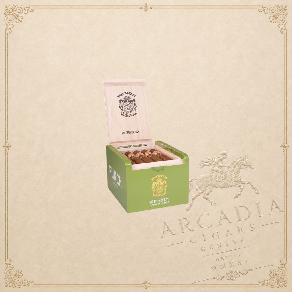 Arcadia Cigars Punch Princesas 2025 limited edition slim panetela cigars in a green wooden cabinet of 20