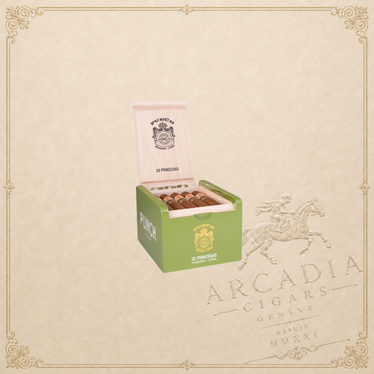 Arcadia Cigars Punch Princesas 2025 limited edition slim panetela cigars in a green wooden cabinet of 20
