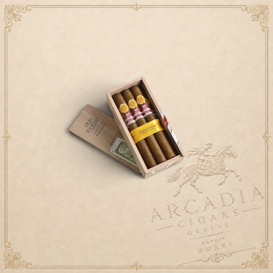 Arcadia Cigars Quai d'Orsay Clemenceau 2020 Edición Regional Francia cigars in a wooden box on a beige background.