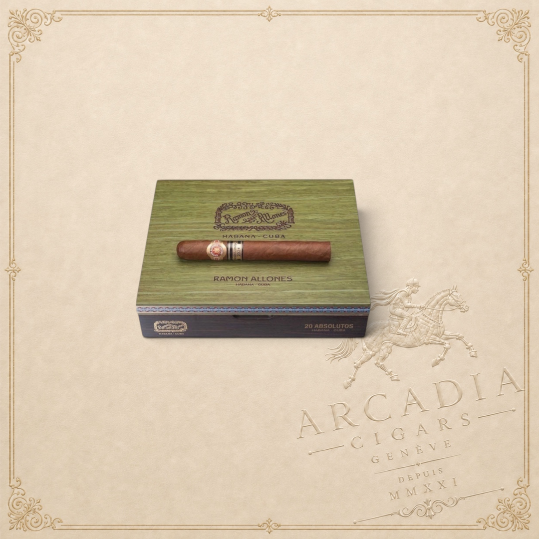 Arcadia Cigars Ramon Allones Absolutos Edicion Limitada 2024 cigar resting on its branded green wooden box