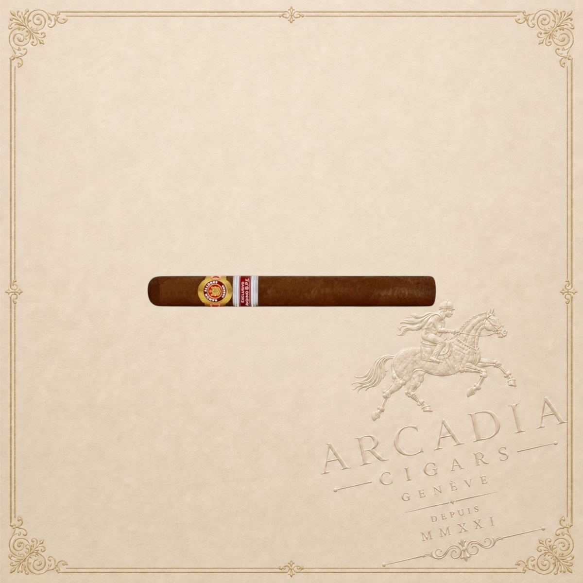 Arcadia Cigars Ramon Allones Gladiator 2010 Andino double robusto cigar with dark wrapper on a textured background