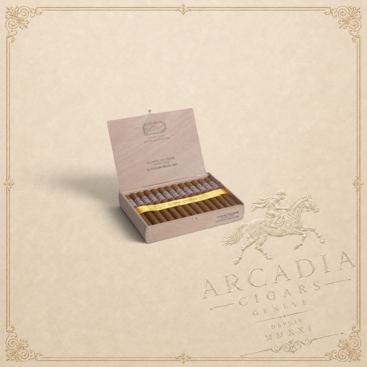 Arcadia Cigars Ramon Allones Private Stock 230 UK Regional Edition cigar box with double robusto cigars