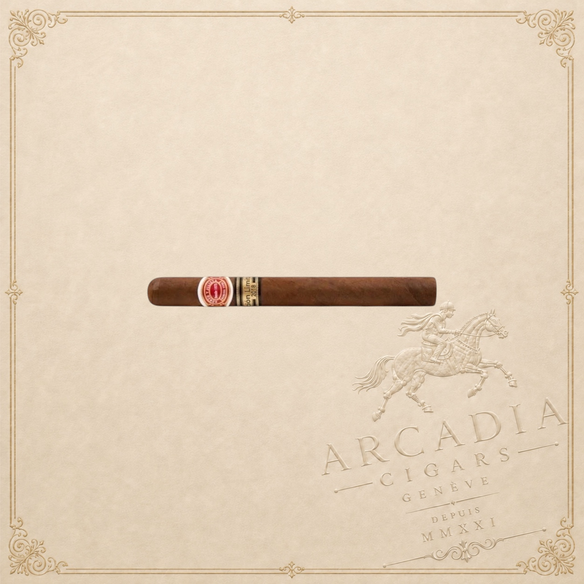 Arcadia Cigars Romeo y Julieta Tacos 2018 Limited Edition cigar with red and gold bands on a textured background