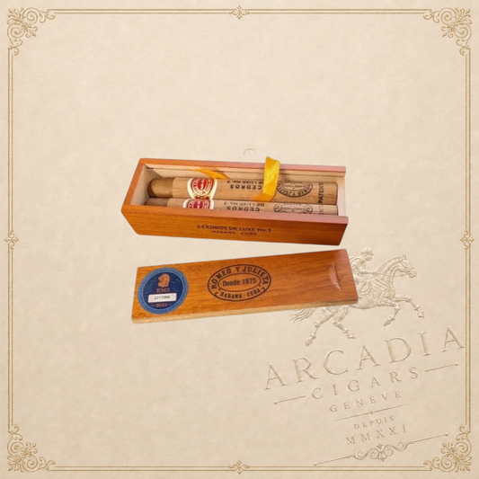 Arcadia Cigars Romeo y Julieta Cedros De Luxe No. 3 twin gift box containing two cedar-wrapped petit corona cigars