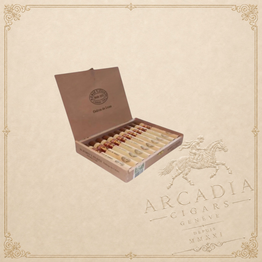 Arcadia Cigars Romeo y Julieta Cedros de Luxe cigar box with cedar-wrapped cigars inside on a beige background