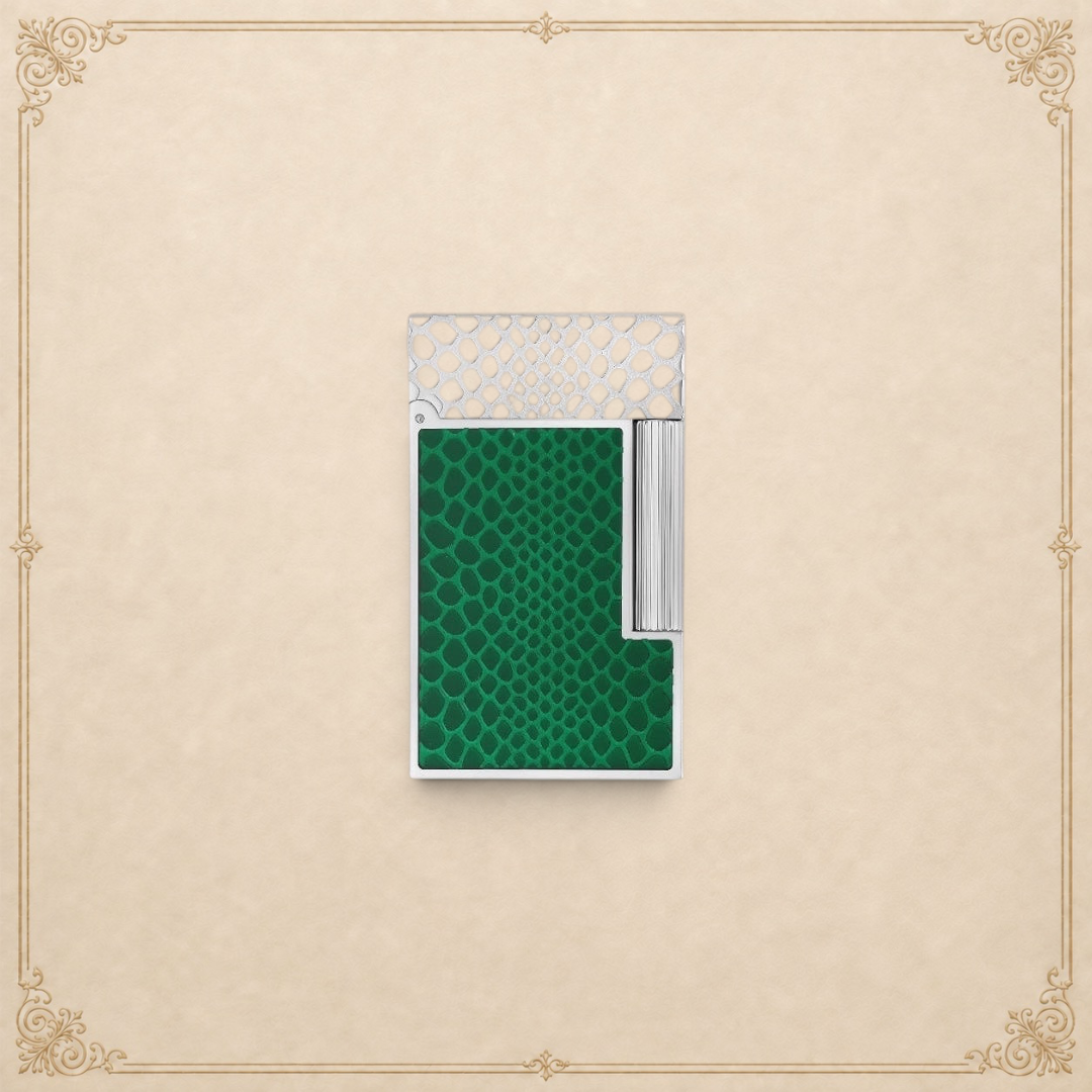 Arcadia Cigars S.T. Dupont Ligne 2 lighter featuring a green snakeskin motif guilloché under translucent lacquer.
