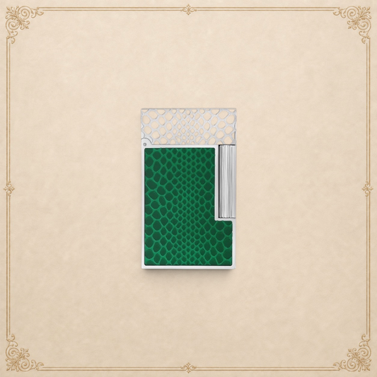 Arcadia Cigars S.T. Dupont Ligne 2 lighter featuring a green snakeskin motif guilloché under translucent lacquer.