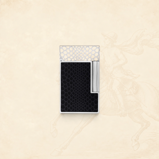 Arcadia Cigars S.T. Dupont Ligne 2 lighter with black snakeskin motif guilloché under translucent lacquer finish.