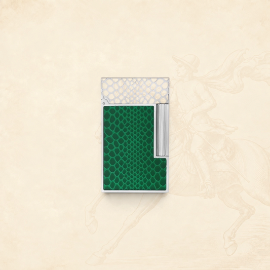 Arcadia Cigars S.T. Dupont Ligne 2 lighter featuring a green snakeskin motif guilloché under translucent lacquer.