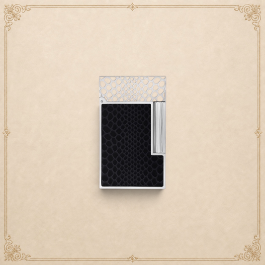 Arcadia Cigars S.T. Dupont Ligne 2 lighter with black snakeskin motif guilloché under translucent lacquer finish.
