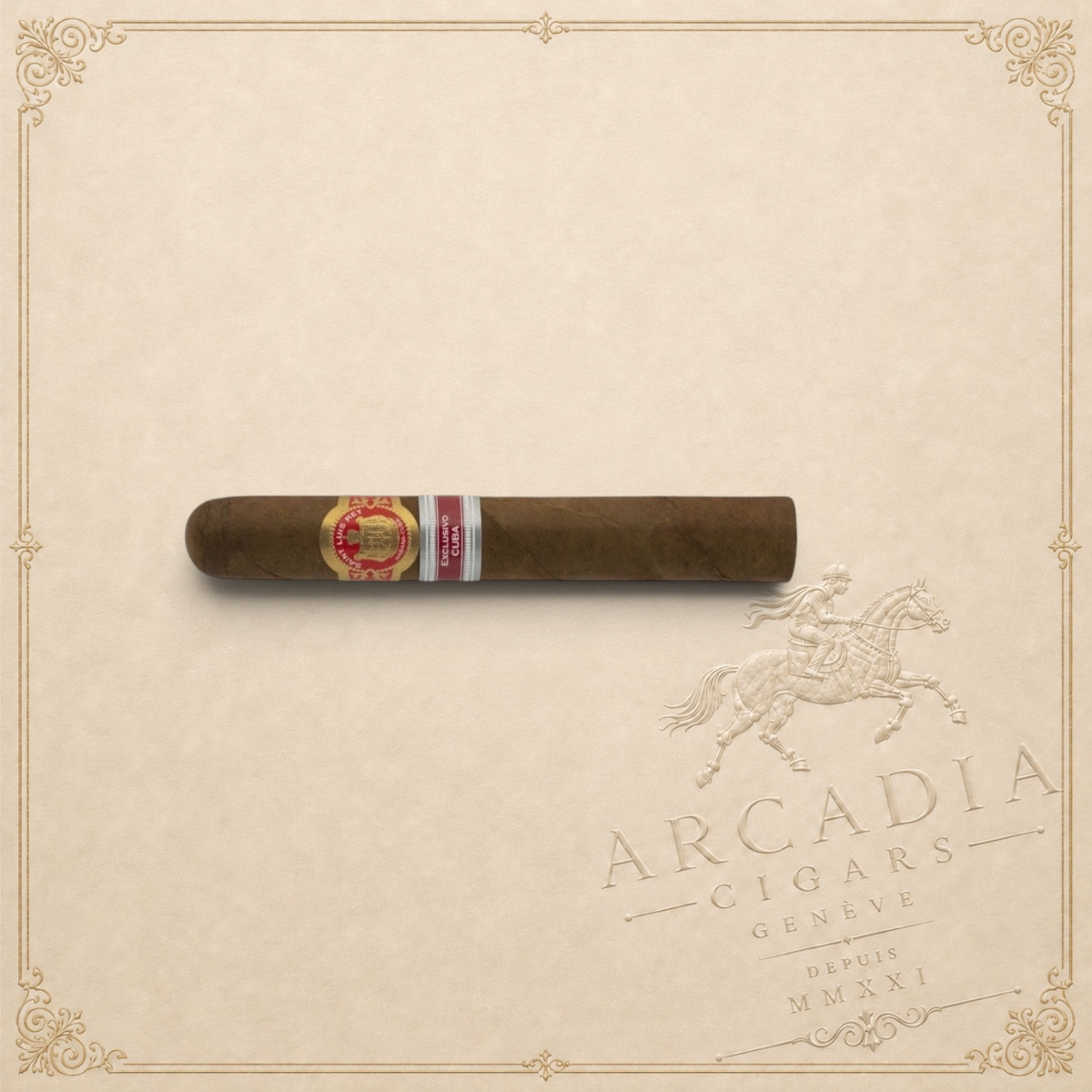 Arcadia Cigars Saint Luis Rey Marquez Cuban cigar with dark Colorado wrapper and red and gold band on textured background