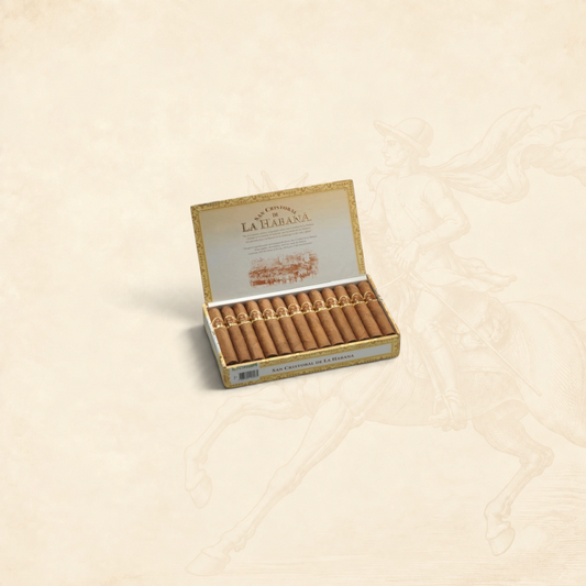 Arcadia Cigars box of San Cristobal de la Habana El Principe Petit Corona cigars with ornate gold and cream branding