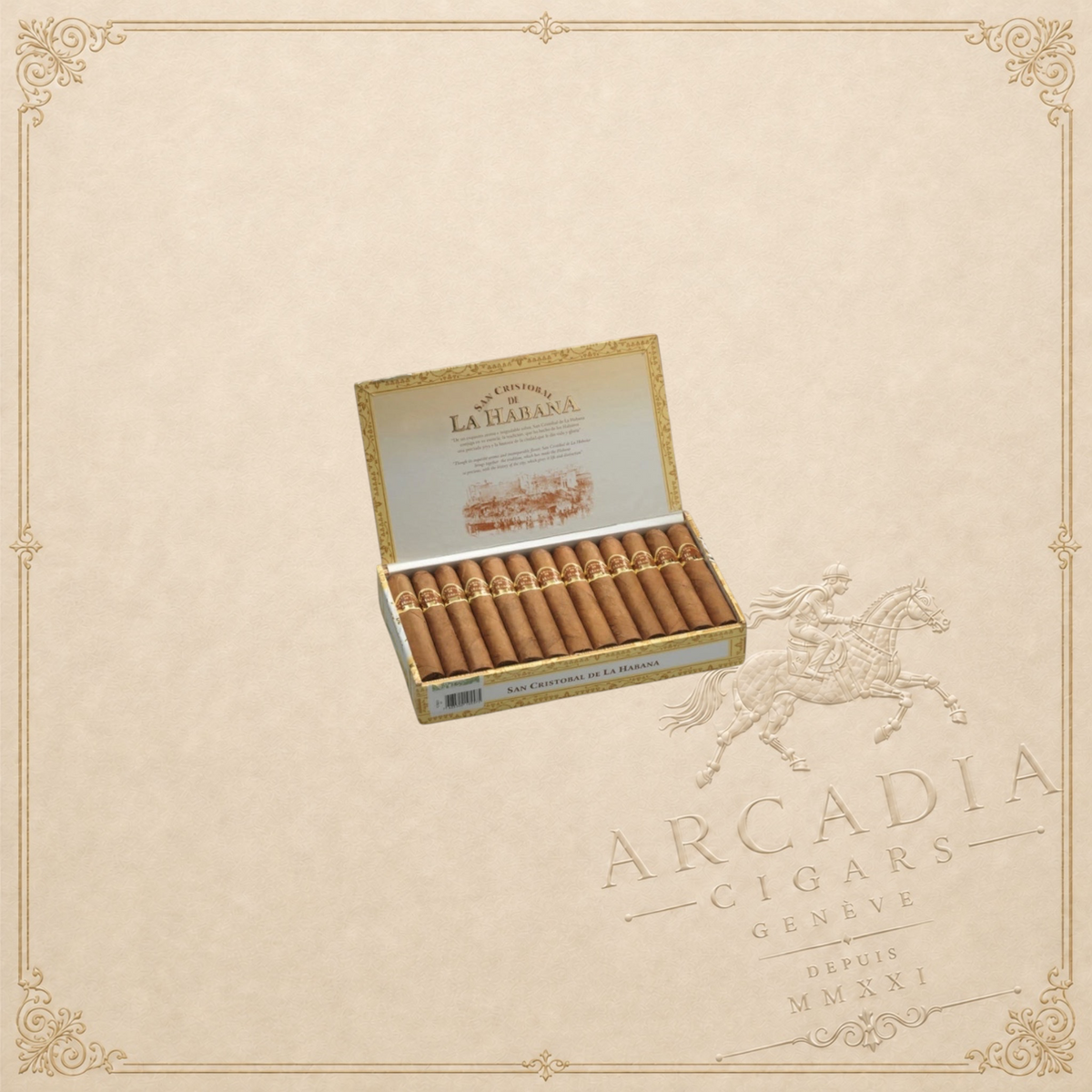 Arcadia Cigars box of San Cristobal de la Habana El Principe Petit Corona cigars with ornate gold and cream branding