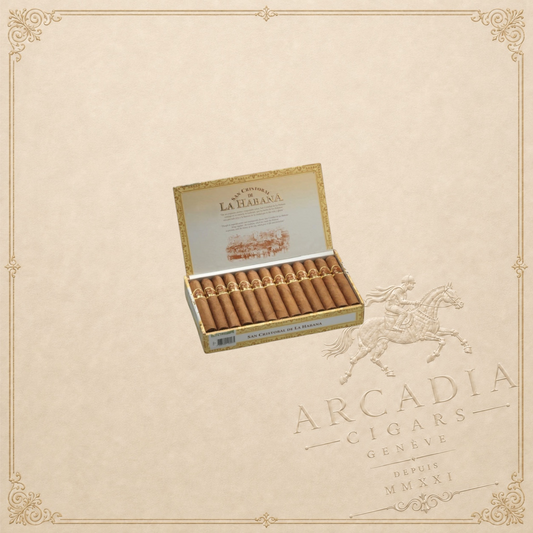 Arcadia Cigars box of San Cristobal de la Habana El Principe Petit Corona cigars with ornate gold and cream branding