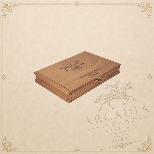 Arcadia Cigars wooden box of San Cristóbal de la Habana Prado cigars featuring elegant branding on a neutral background