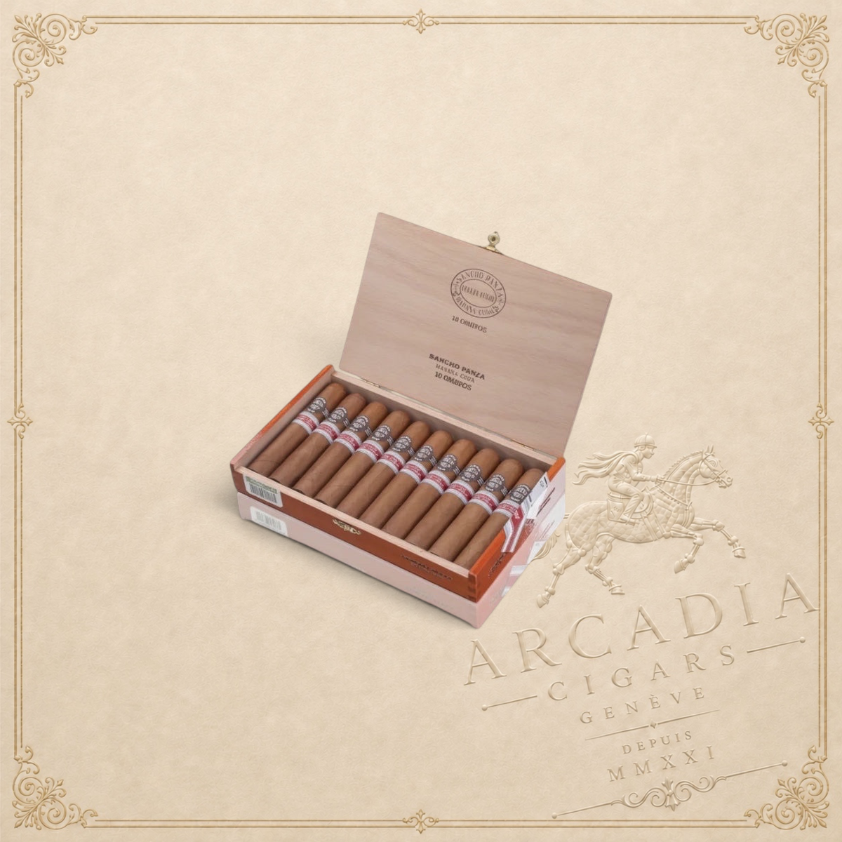 Arcadia Cigars box of ten Sancho Panza Omiros Edicion Regional Grecia y Chipre 2020 cigars with detailed bands