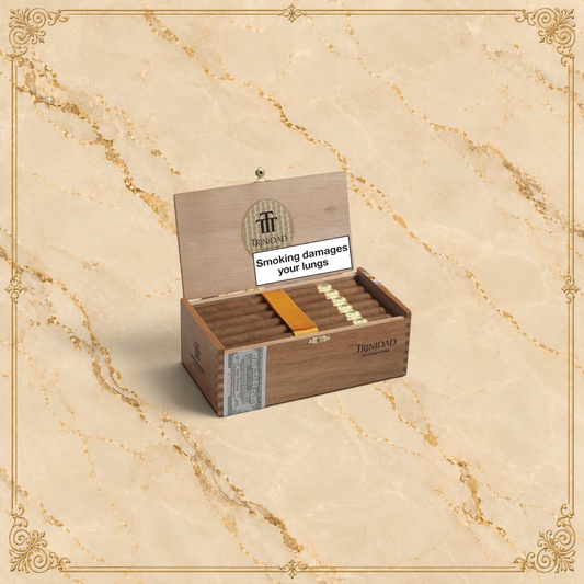 Arcadia Cigars Trinidad Fundadores box featuring premium Cuban lonsdale cigars with gold bands in a wooden case