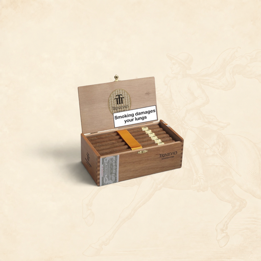 Arcadia Cigars Trinidad Fundadores box featuring premium Cuban lonsdale cigars with gold bands in a wooden case