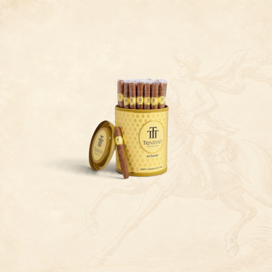 Arcadia Cigars Trinidad Short 40 cigarillos in a gold tin with one cigar placed in front on a beige background.