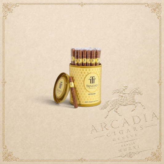 Arcadia Cigars Trinidad Short 40 cigarillos in a gold tin with one cigar placed in front on a beige background.