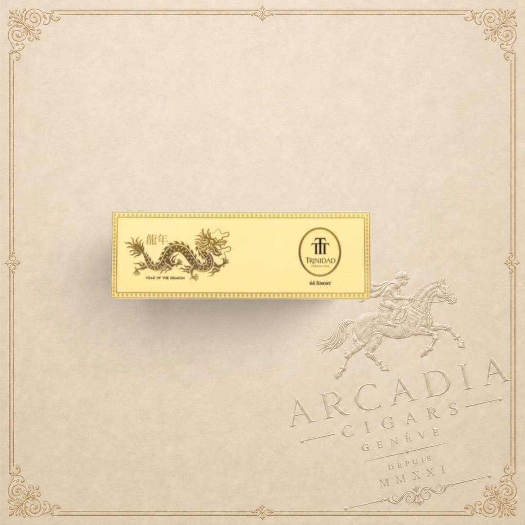 Arcadia Cigars Trinidad Short 66 Year of the Dragon limited edition cigar band with gold dragon and logo design