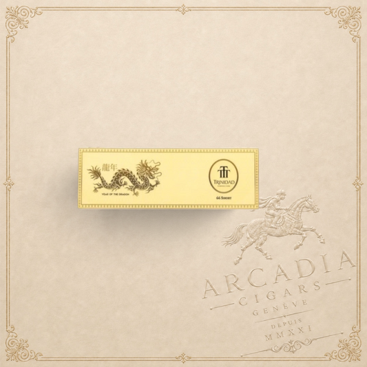 Arcadia Cigars Trinidad Short 66 Year of the Dragon limited edition cigar band with gold dragon and logo design