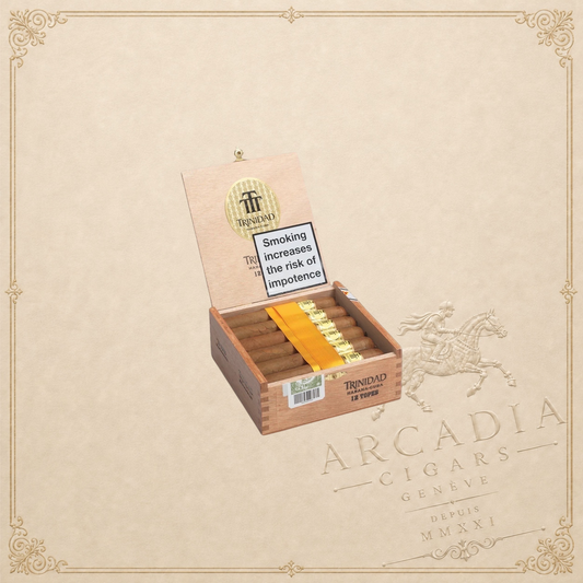 Arcadia Cigars box of 12 Trinidad Topes Cuban Robusto Extra cigars with gold bands and wooden packaging