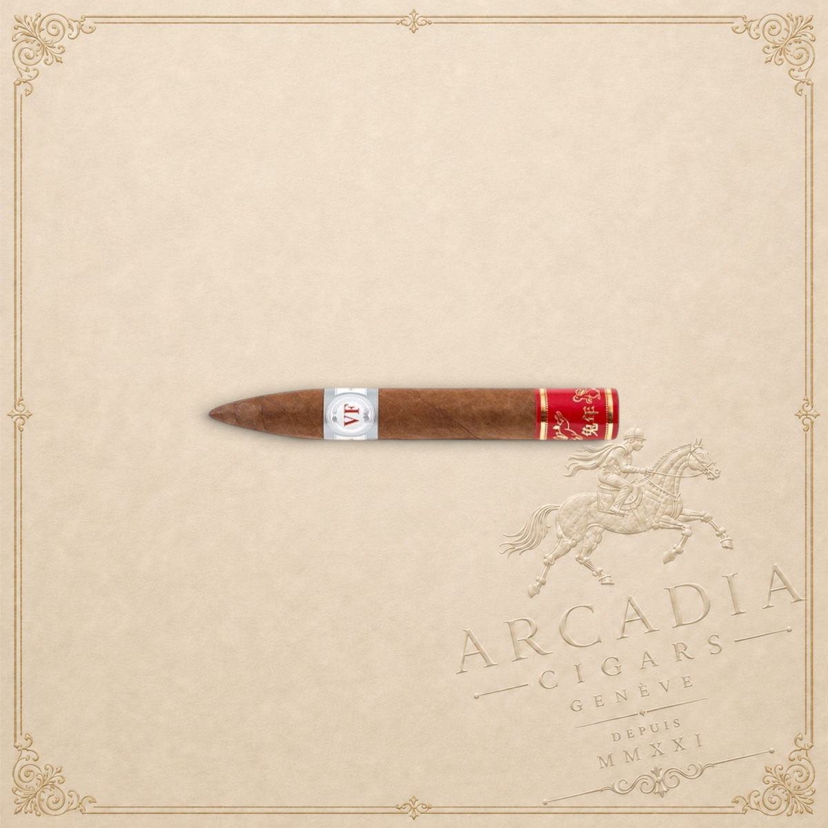Arcadia Cigars VegaFina Torpedo Year of the Rabbit 2023 cigar with Ecuadorian wrapper on a textured cream background
