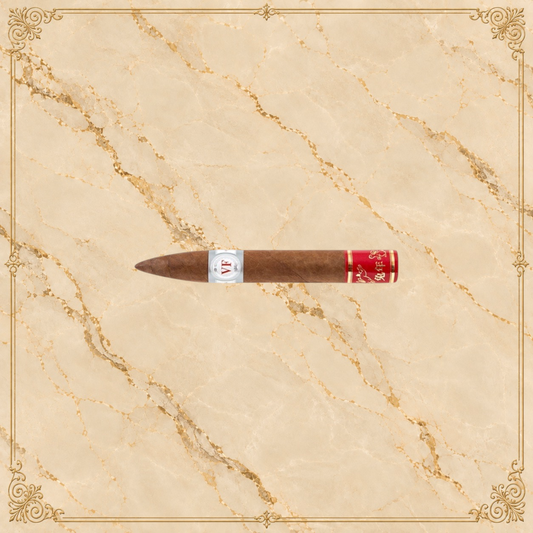 Arcadia Cigars VegaFina Torpedo Year of the Rabbit 2023 cigar with Ecuadorian wrapper on a textured cream background