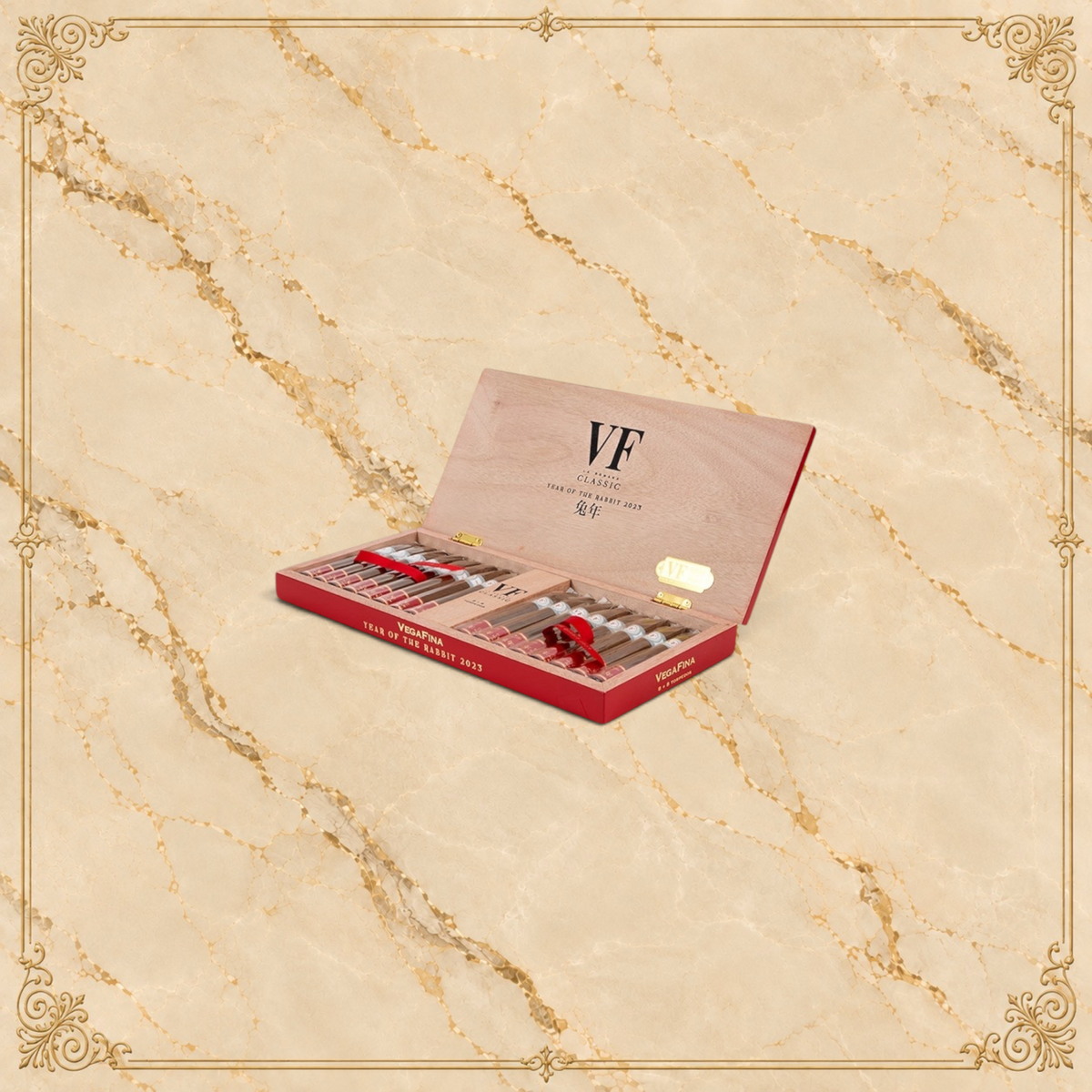 Arcadia Cigars VegaFina Torpedos Year of the Rabbit 2023 limited edition cigar box with red and wood finish